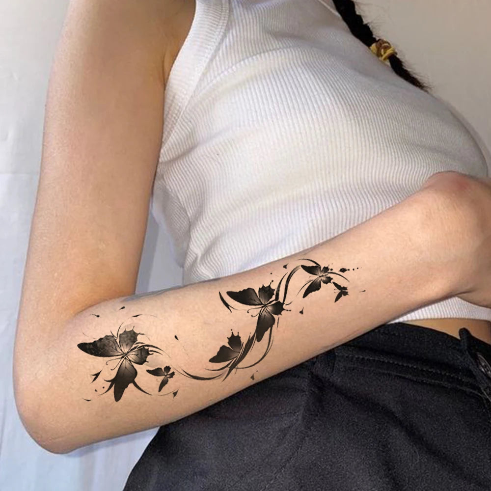 2pcs Black Rose Butterfly Waterproof Temporary Tattoo Stickers, Floral Body Art