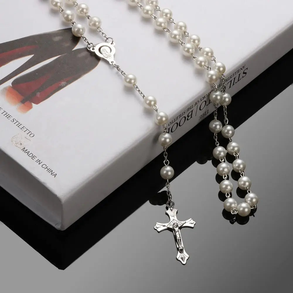 Rosary Bead Cross Necklace Vintage Virgin Mary Pendant Gothic Catholic Jewelry