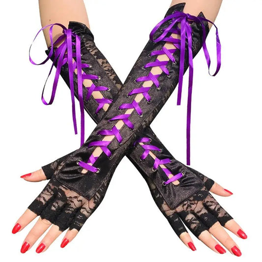 Fingerless Fishnet Lace Gloves Women Gothic Lolita Ribbon Long Elbow Mittens