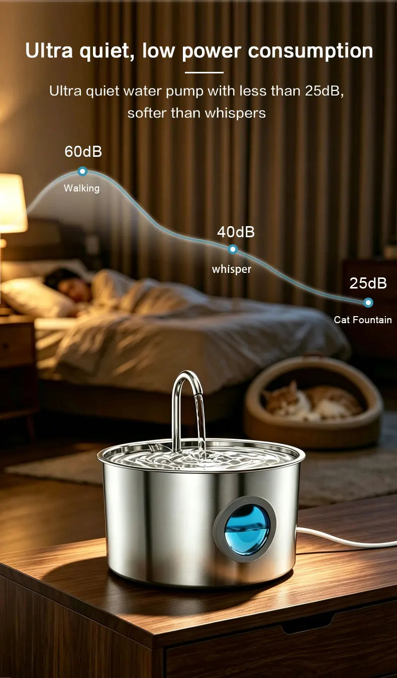 Stainless Steel Cat Water Fountain 108oz/3.2L for Cats, Dogs and Small Pets, with Quiet Operation & LED Light, Easy to Clean & Assemble
