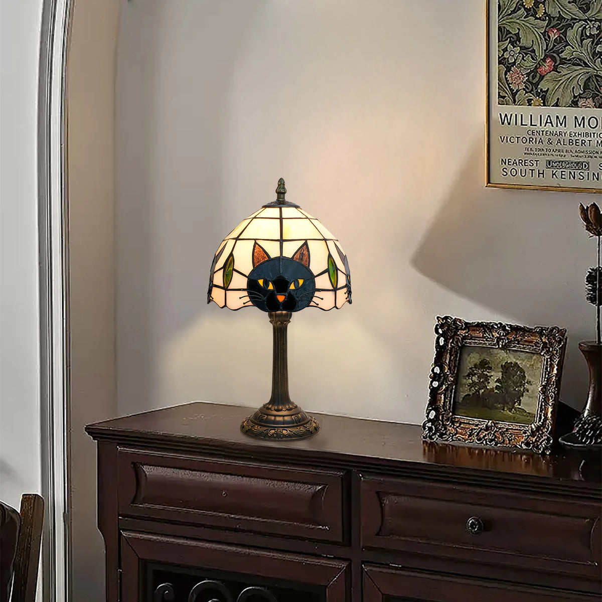 Black Cat Stained Glass Table Lamp – Bedroom Nightstand Desk Light