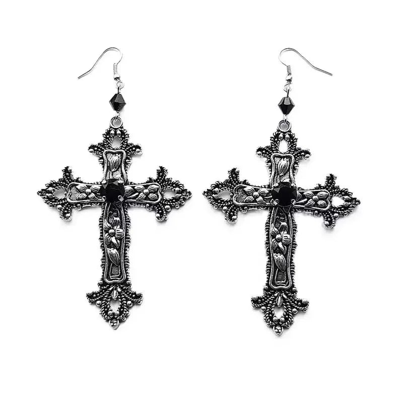 Gothic Black Zircon Crucifix Drop Earrings – Silver Punk Cross Dangle Earrings for Women