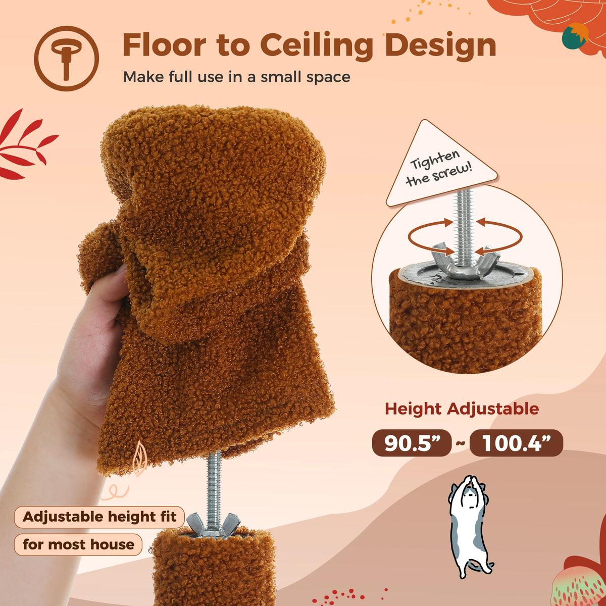 Cat Tree Floor to Ceiling Cat Tower Adjustable Height with Cat Condo Cozy Hammock and Scratching Post Tall Activity Tree Autumn Vibe