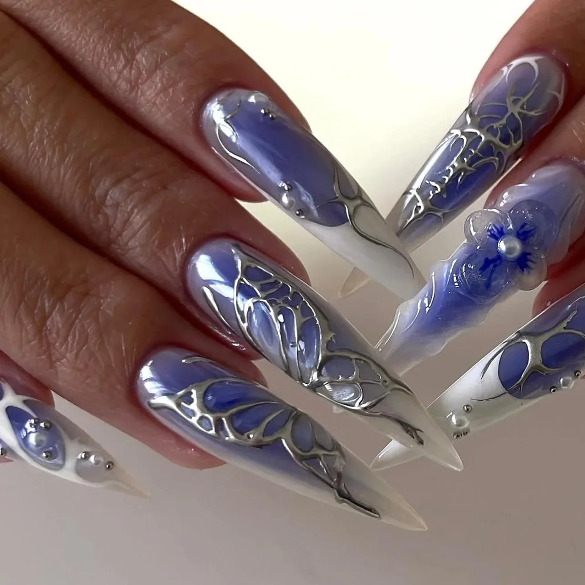 24Pcs Black Y2K Press On Nails, Diamond Butterfly Halloween Long Almond Tips