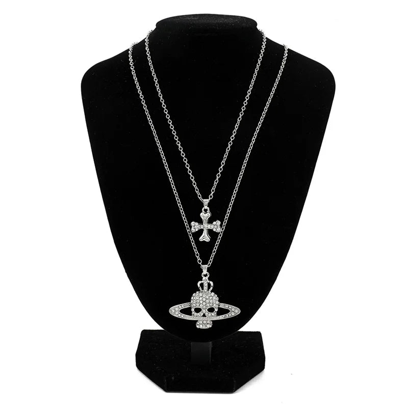 Rhinestone Skull Pendant Long Cross Chain Necklace Vintage Punk Goth Jewelry for Women Men