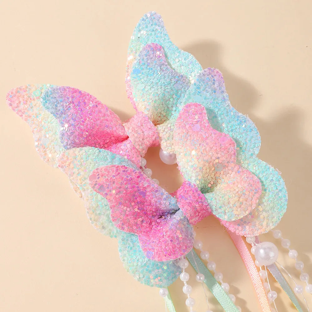 Sparkly Butterfly Bow Hair Clips for Girls – Long Pearl Tassel Ribbon Barrettes, Fairy Cosplay Hair Accessories