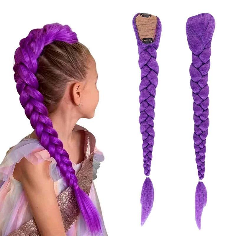 Purple Braided Ponytail Wig with Clips – 26 Inch Long Anime Cosplay Wig for Kids & Girls
