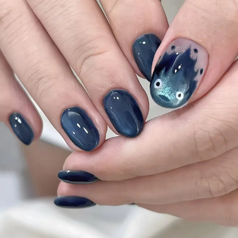 Y2K Star Press On Nails 24pcs – Blue Gradient French Gold Moon Almond False Nails