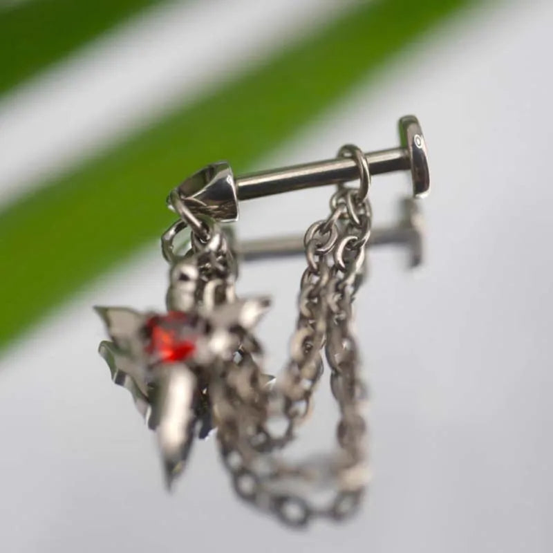 Gothic Red Zircon Wing Chain Stainless Steel Ear Cuff Piercing Earring – Punk Silver Rivet Ear Bone Stud