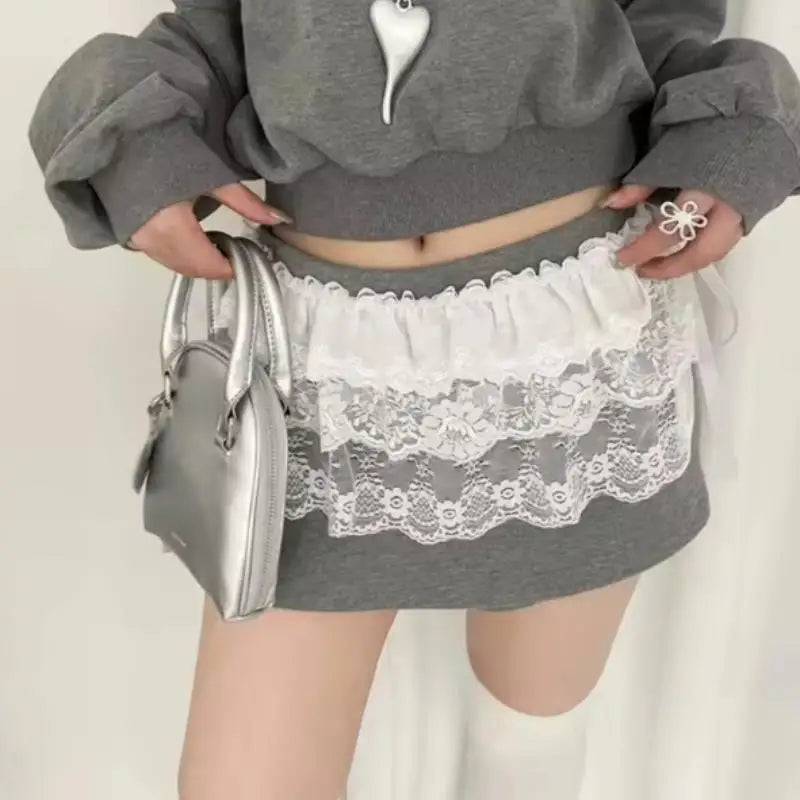 Y2K Lace Mini Layered Skirt, Coquette Tiered Denim-Look Skirt for Women