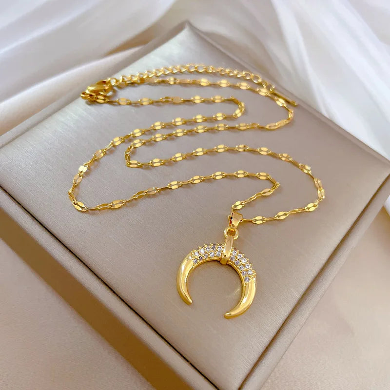 Crescent Moon Pendant Necklace Stainless Steel Zircon Vintage Jewelry