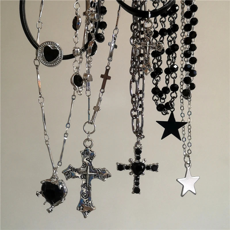 Punk Star Heart Cross Double Layer Chain Necklace – Y2K Grunge & EMO Rock Style for Men and Women