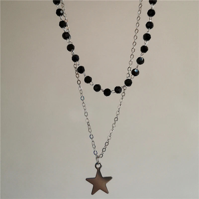 Punk Star Heart Cross Double Layer Chain Necklace – Y2K Grunge & EMO Rock Style for Men and Women