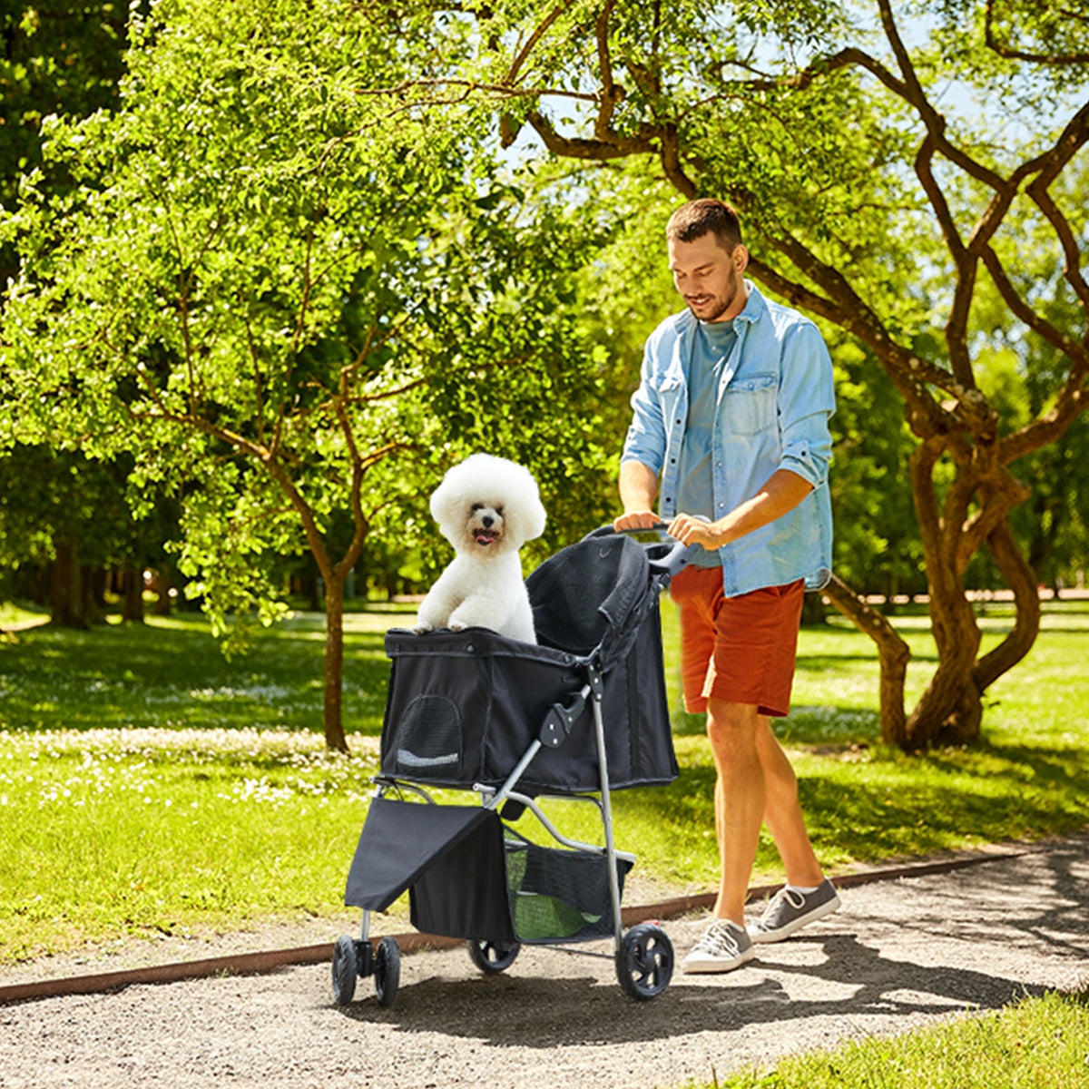 3-Wheel Foldable Pet Stroller – Lightweight Dog & Cat Carrier with Mesh Windows, Storage Basket & Cup Holder