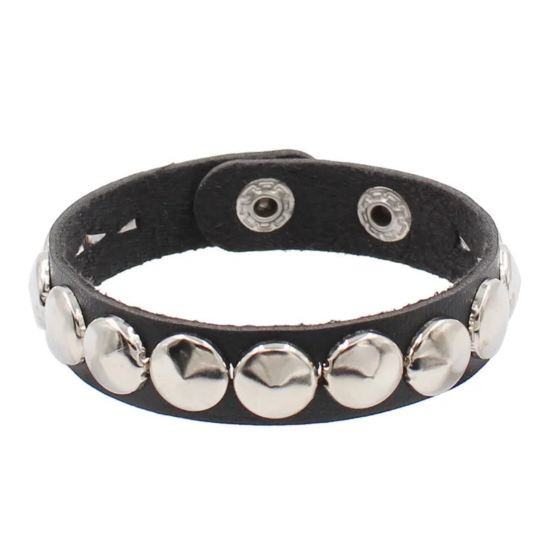 Punk Rivet Chain Leather Bracelet – Spiked Rock Wristband Cuff for Men & Women