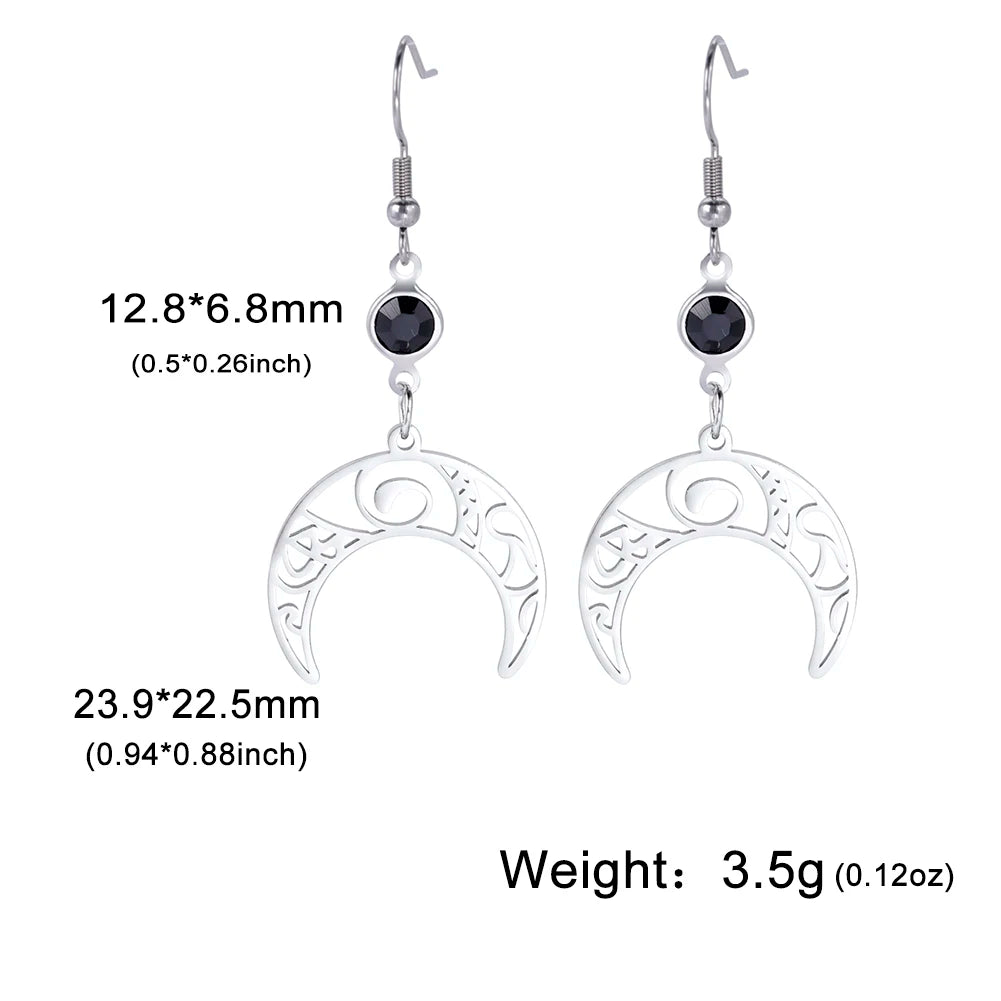 Goth Moon Phase Pentagram Earrings - Stainless Steel Witchy Dangle Jewelry