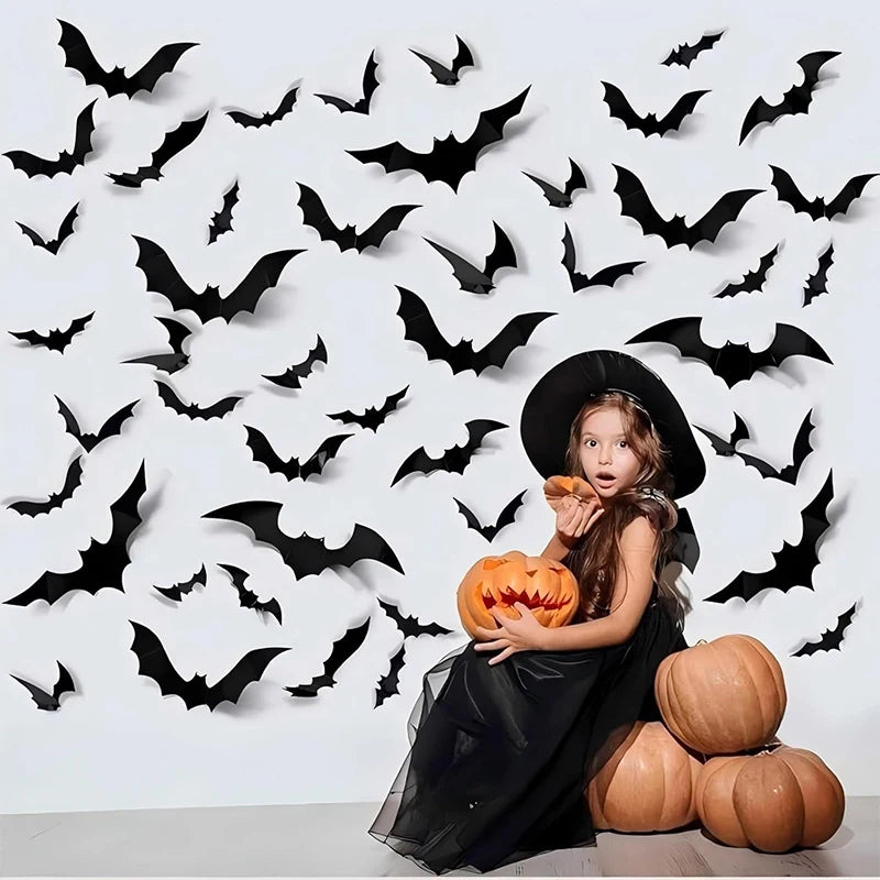 Halloween 3D Black Bat Wall Stickers 12-Piece Set for Home Window Party Decor