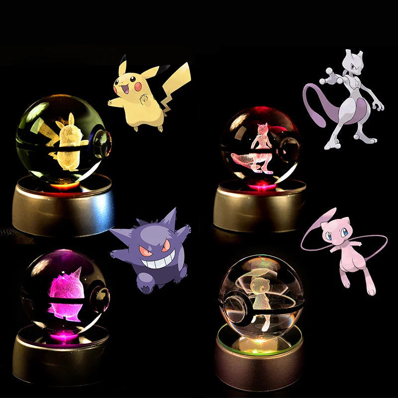 Pokemon 3D Crystal Ball Night Light - Glass Pokeball LED Lamp with Pikachu, Mewtwo & Gengar
