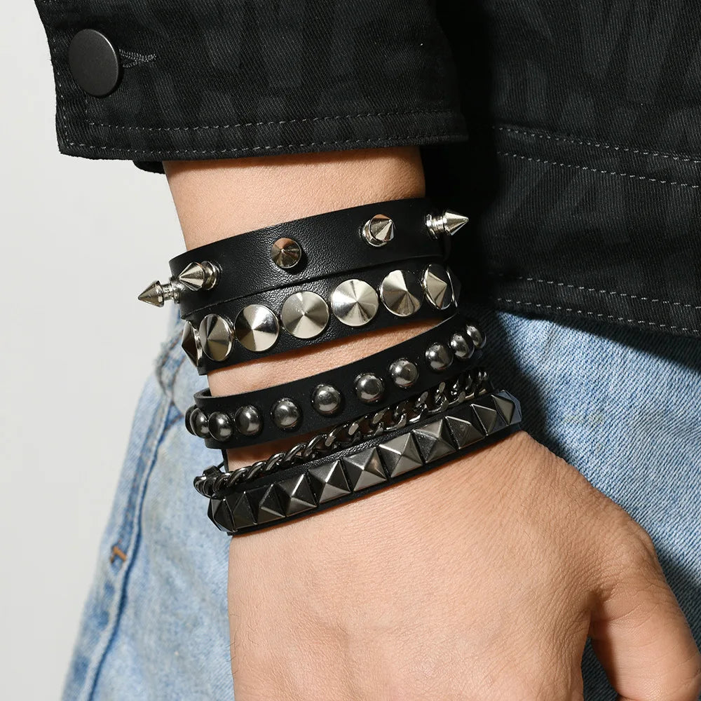 3-Piece Black Gothic Spike Rivet Bracelet Set – Punk Emo Boho Studded Wristbands