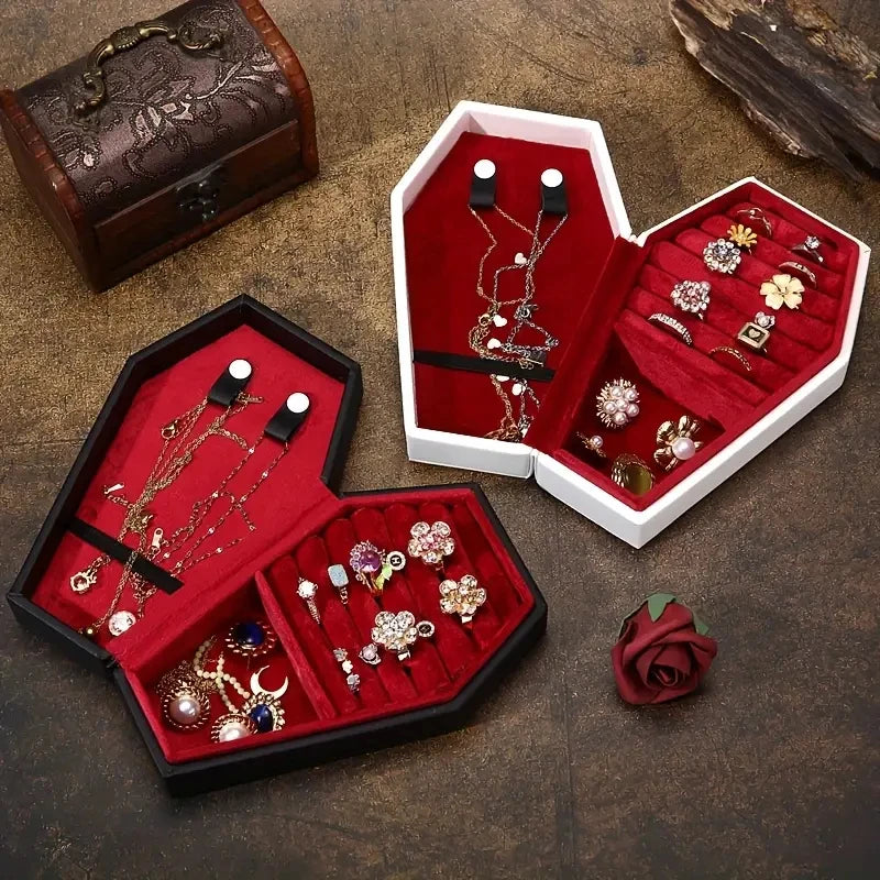 Gothic Coffin Jewelry Box PU Leather Velvet Lined Organizer for Rings Earrings Necklaces Halloween Gift
