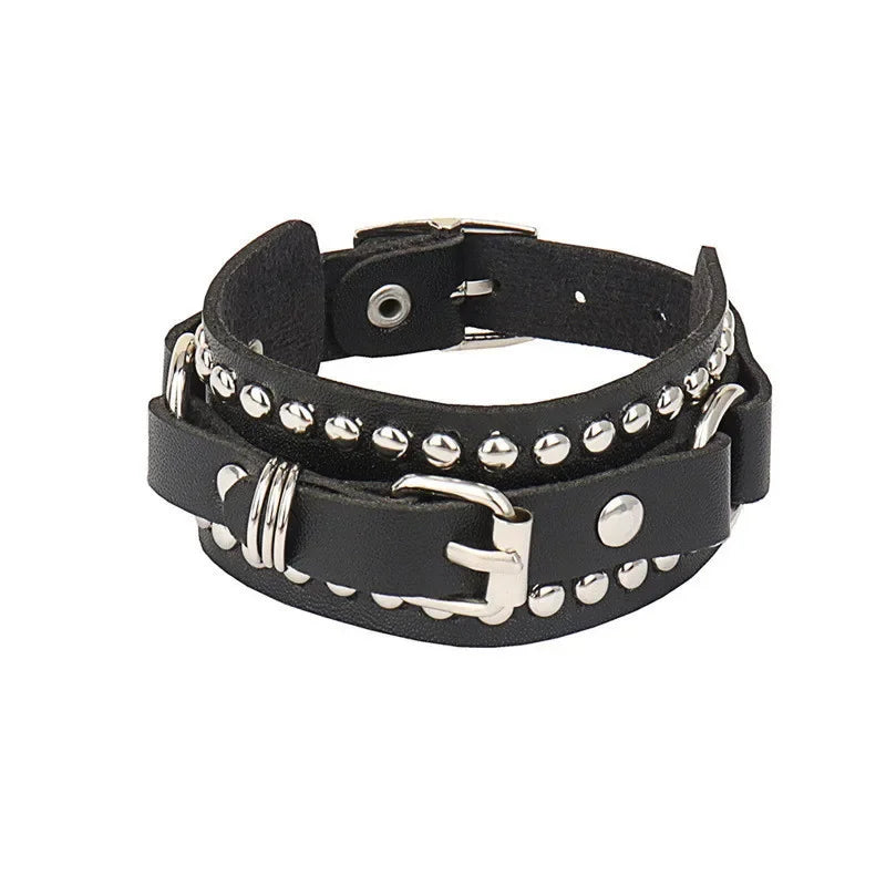 90s Heart Gothic Spike Bracelet – Adjustable Black Studded Faux Leather Punk Rock Wristband