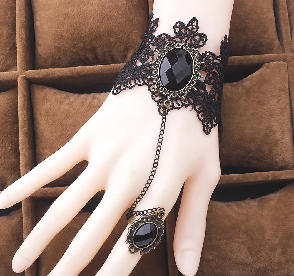 Gothic Victorian Black Lace Choker Necklace with Crystal Tassel, Dark Lolita Jewelry
