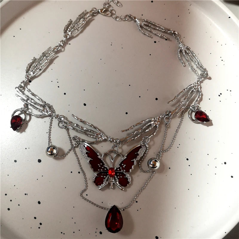 Gothic Red Butterfly Pendant Choker Necklace – Y2K Grunge Charm Jewelry with Star, Heart, Cross & Ghost Claw