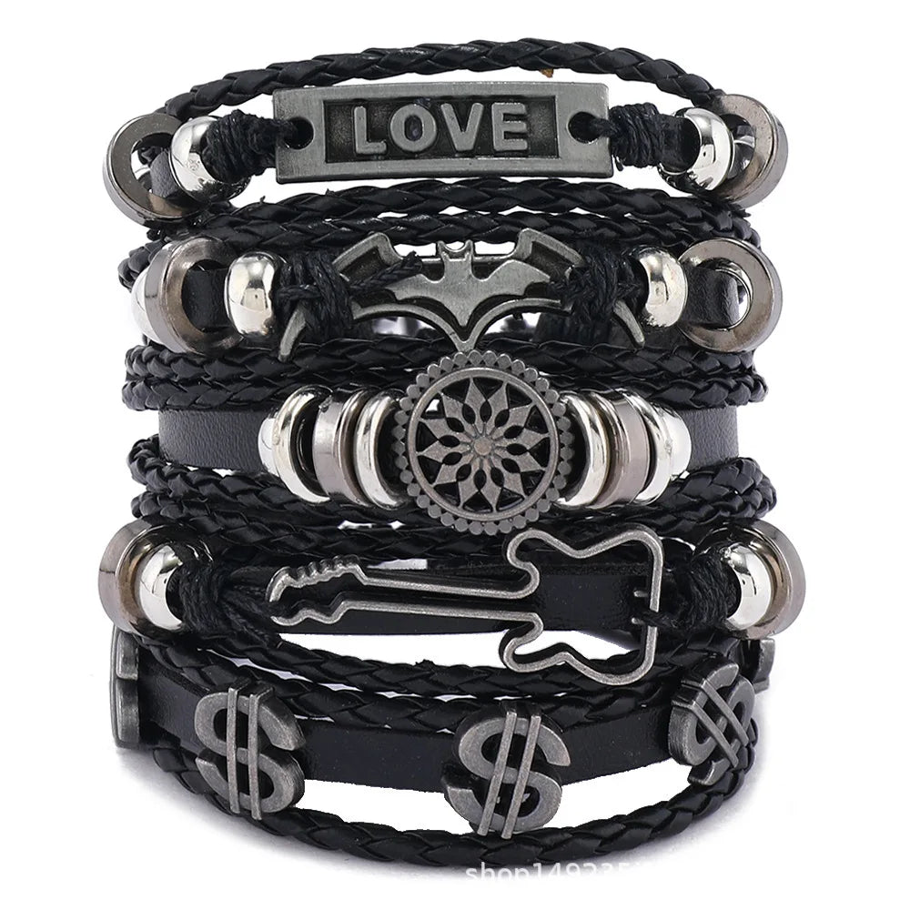 Black Punk Skull & Star Leather Bracelet Set – Gothic Alloy Wristband for Men & Women