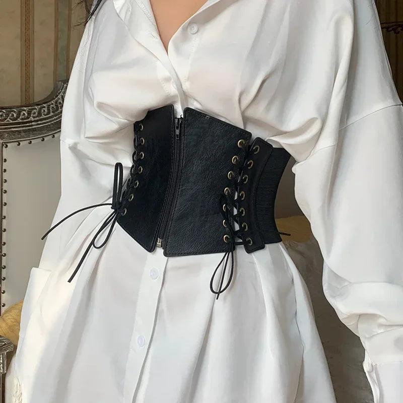 Punk PU Leather Corset Wide Belt - Gothic Elastic Bustier Dress Girdle