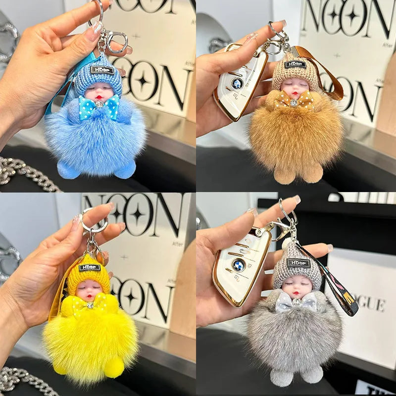 Cute Fluffy Sleepy Doll Keychain – Kawaii Plush Bag Charm Car Key Ring Gift