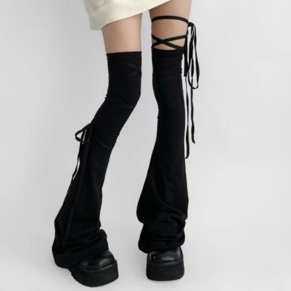 Y2K Gothic Lolita Over Knee Leg Warmers Black White Horn Cuff Punk Harajuku Socks