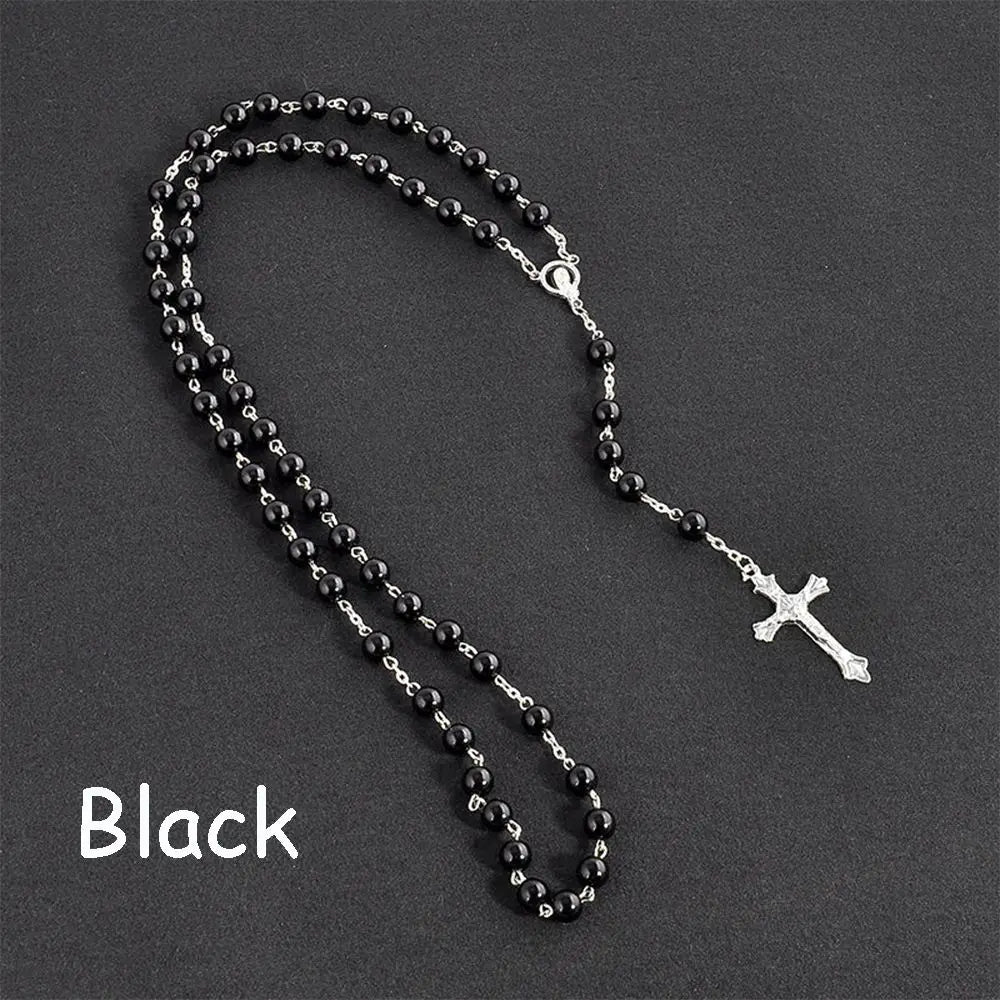Rosary Bead Cross Necklace Vintage Virgin Mary Pendant Gothic Catholic Jewelry