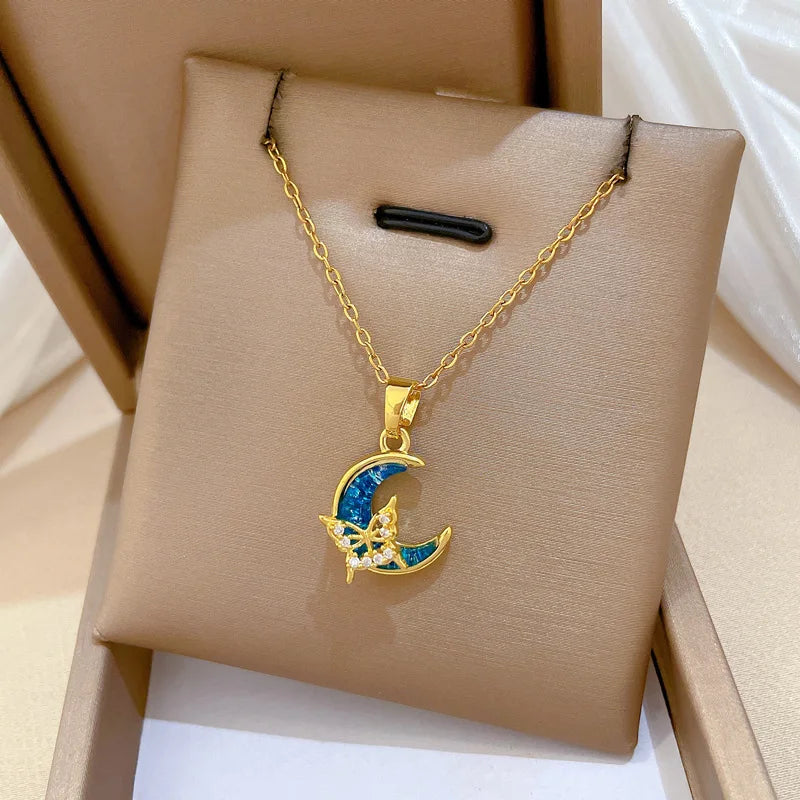 Crescent Moon Pendant Necklace Stainless Steel Zircon Vintage Jewelry