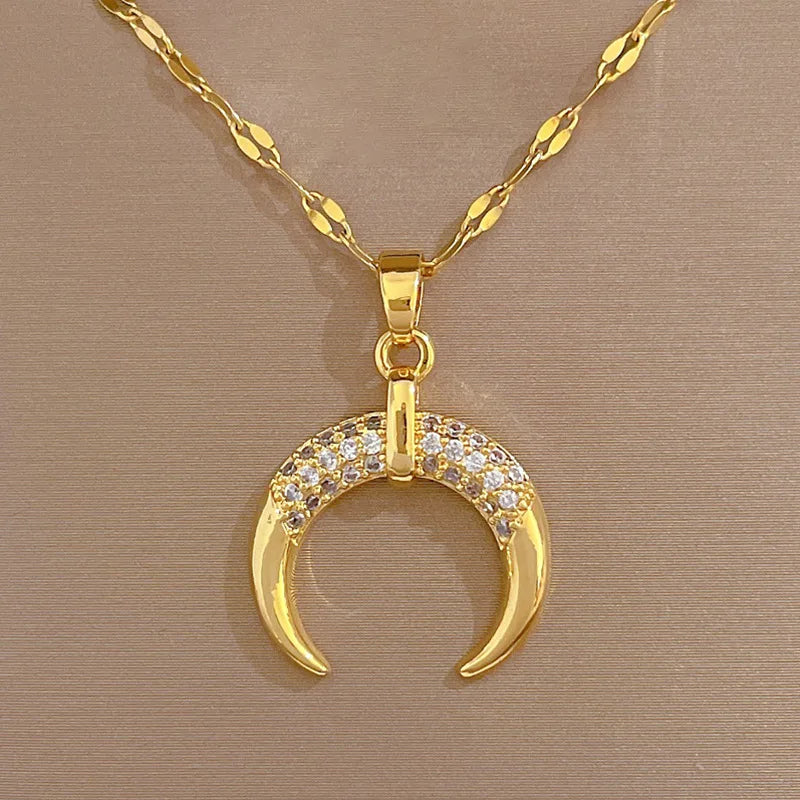 Crescent Moon Pendant Necklace Stainless Steel Zircon Vintage Jewelry