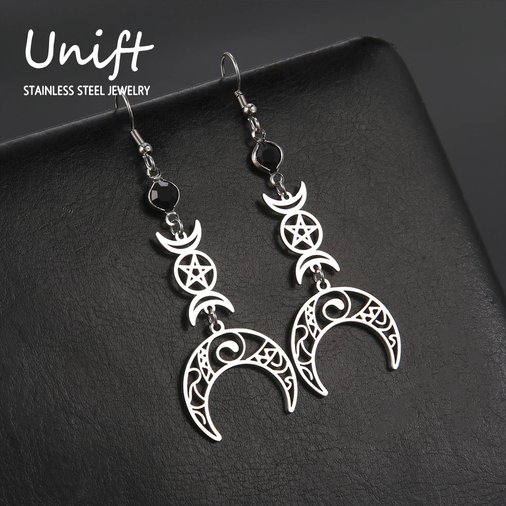 Goth Moon Phase Pentagram Earrings - Stainless Steel Witchy Dangle Jewelry