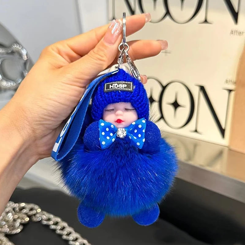 Cute Fluffy Sleepy Doll Keychain – Kawaii Plush Bag Charm Car Key Ring Gift