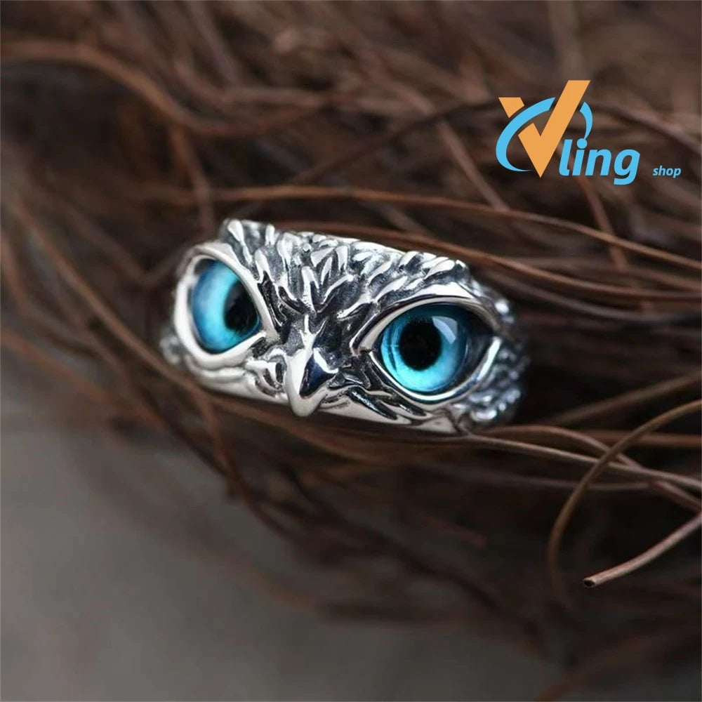 Evil Eye Owl Adjustable Ring, Antique Silver Gothic Punk Animal Finger Jewelry