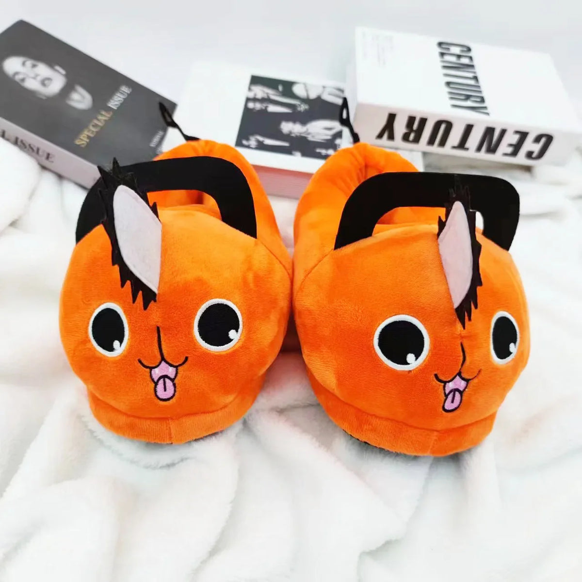 Pochita Anime Plush Slippers, Cute Fuzzy Winter House Shoes for Women and Kids