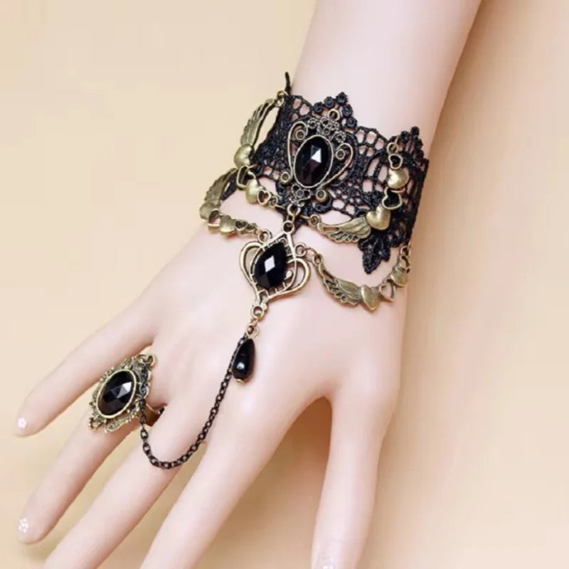 Gothic Victorian Black Lace Choker Necklace with Crystal Tassel, Dark Lolita Jewelry