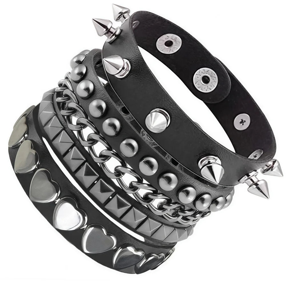 3-Piece Black Gothic Spike Rivet Bracelet Set – Punk Emo Boho Studded Wristbands