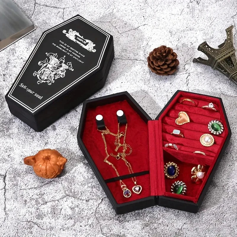 Gothic Coffin Jewelry Box PU Leather Velvet Lined Organizer for Rings Earrings Necklaces Halloween Gift