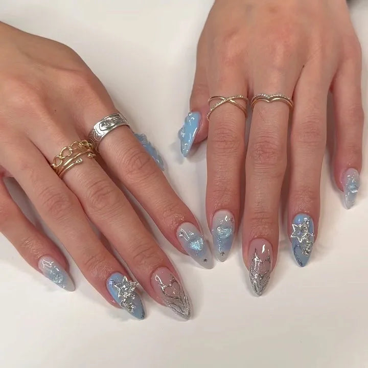 Y2K Star Press On Nails 24pcs – Blue Gradient French Gold Moon Almond False Nails