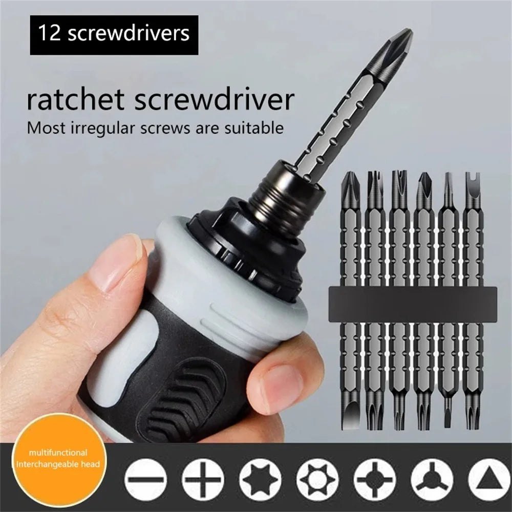 Ratchet Screwdriver Set with 12 Magnetic Bits, Compact Short Handle