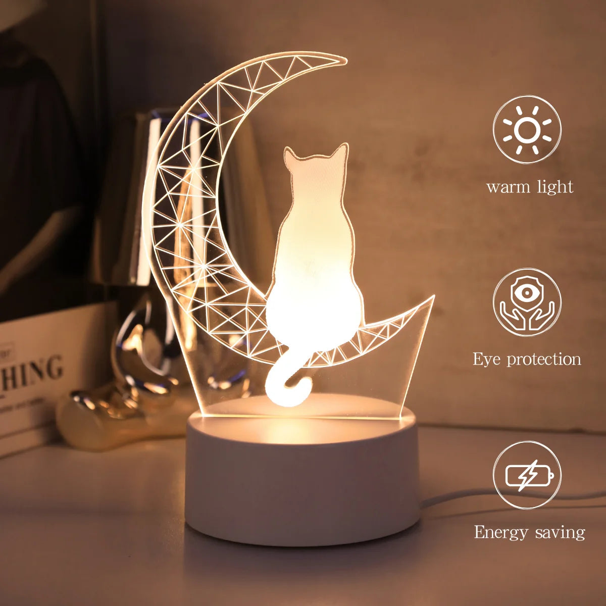 Moon Cat 3D Acrylic Night Light – USB Warm White LED Bedside Lamp