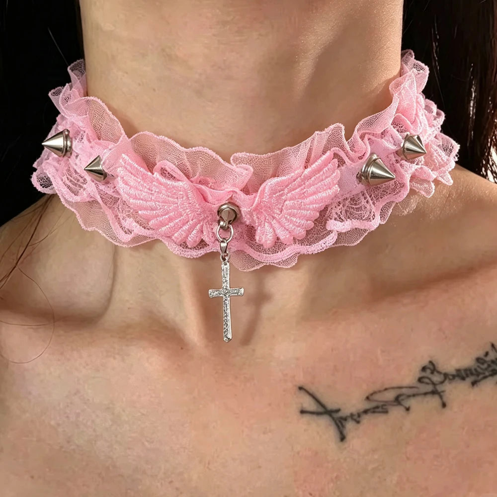 Wide Lace Rivet Choker Necklace - Y2K Angel Wing Leather Collar for Women & Girls
