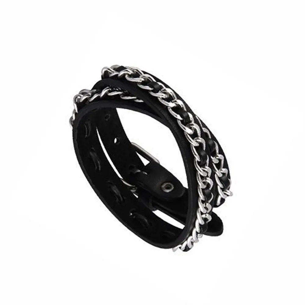 Punk Dark PU Leather Layered Wrap Bracelet for Women and Men – Gothic Chain Hip Hop Rock Jewelry