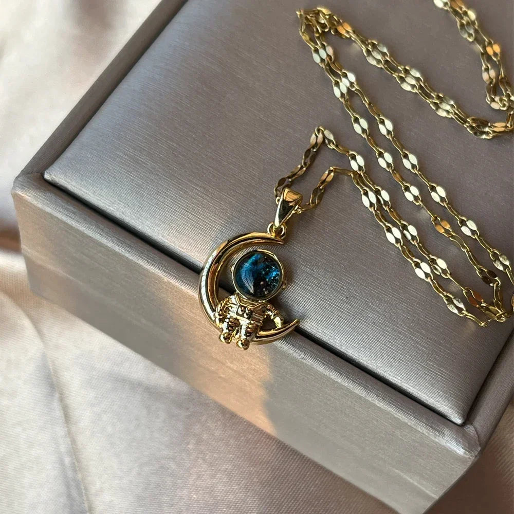 Crescent Moon Pendant Necklace Stainless Steel Zircon Vintage Jewelry