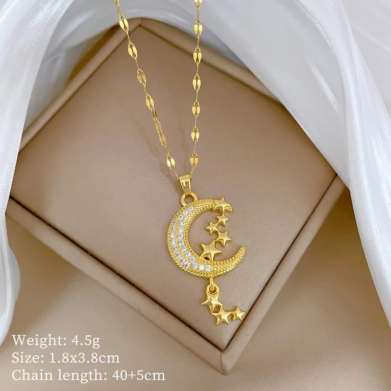 Crescent Moon Pendant Necklace Stainless Steel Zircon Vintage Jewelry