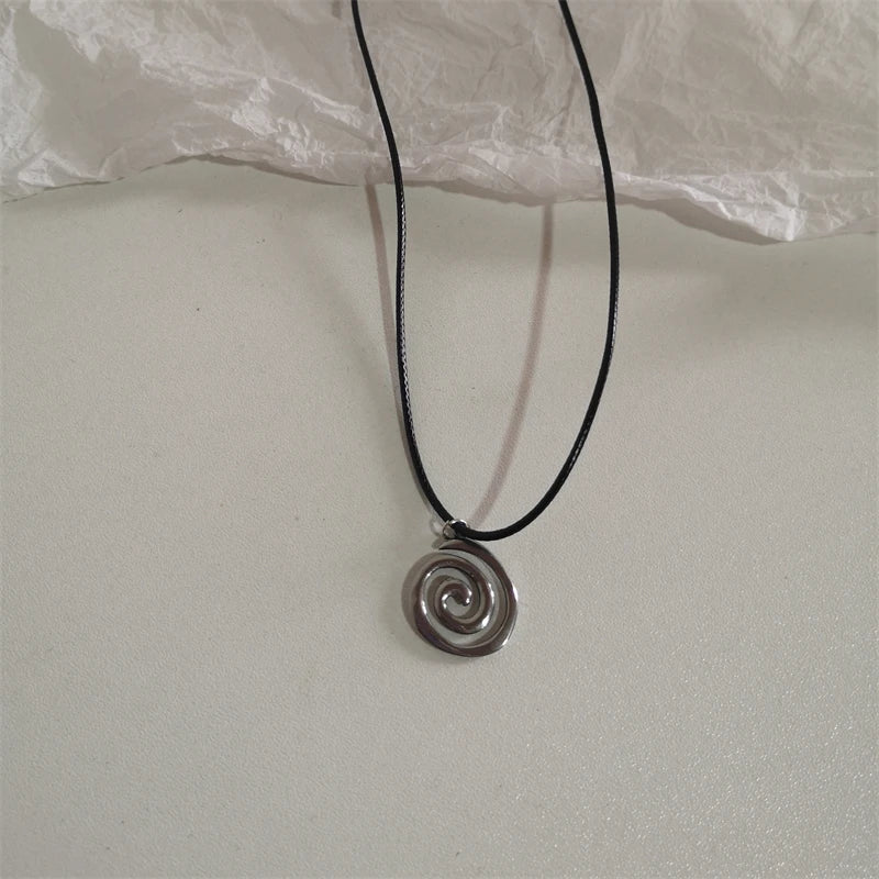 Y2K Spiral Vortex Pendant Necklace - Boho Leather Rope Pentagram Jewelry