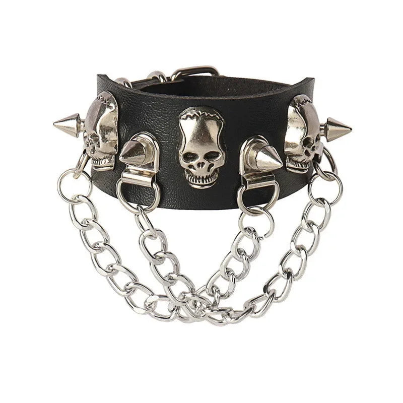90s Heart Gothic Spike Bracelet – Adjustable Black Studded Faux Leather Punk Rock Wristband